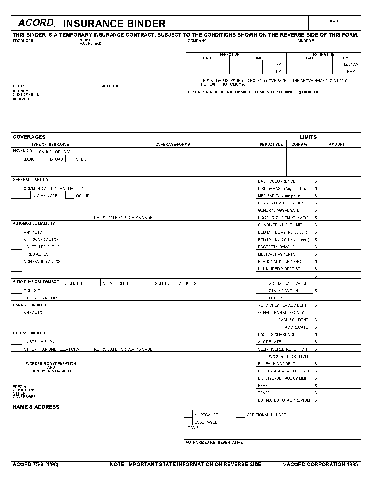 acord form homeowners insurance binder