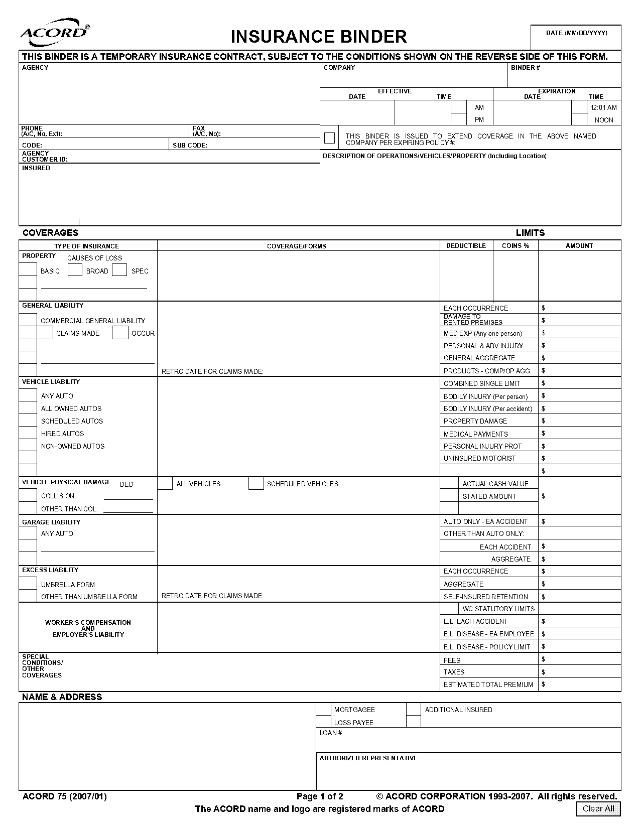 acord form homeowners insurance binder