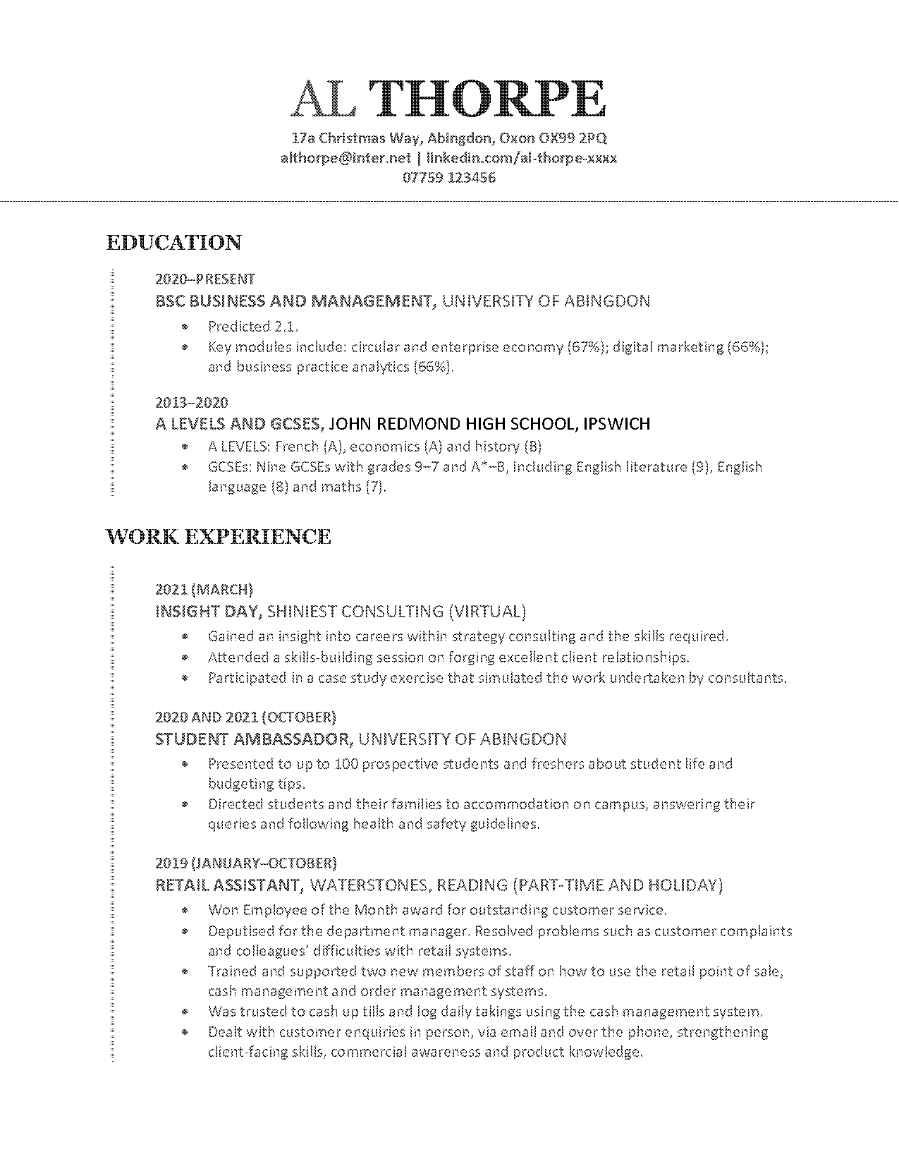 cv template for internship free download