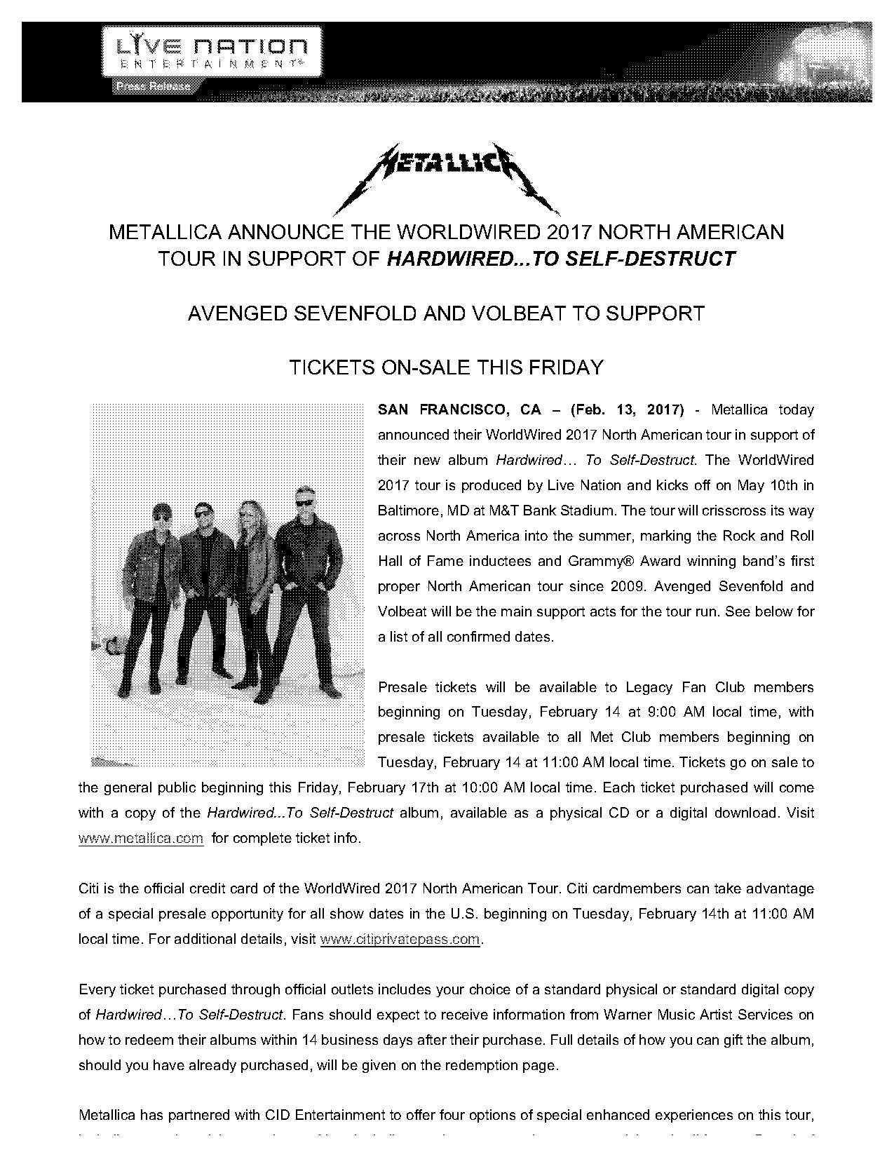 metallica tour presale tickets