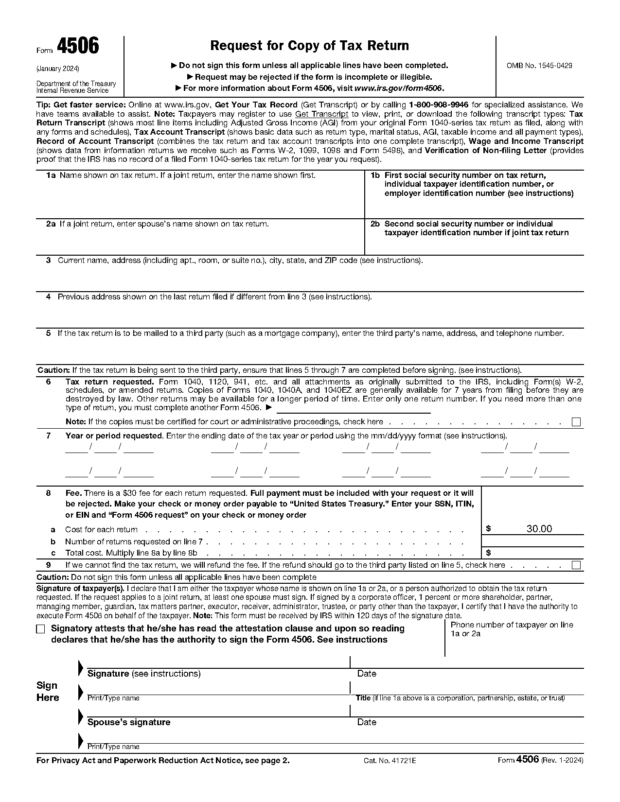 example of irs tax return transcript