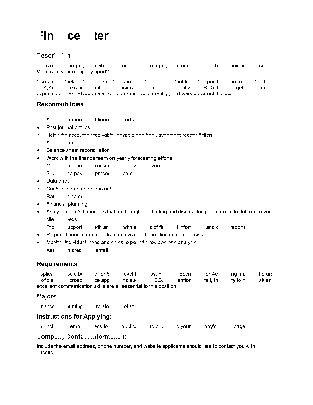 accounting internship resume description