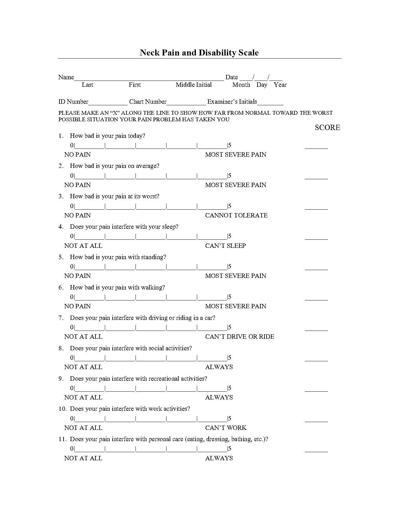 neck pain disability questionnaire scoring