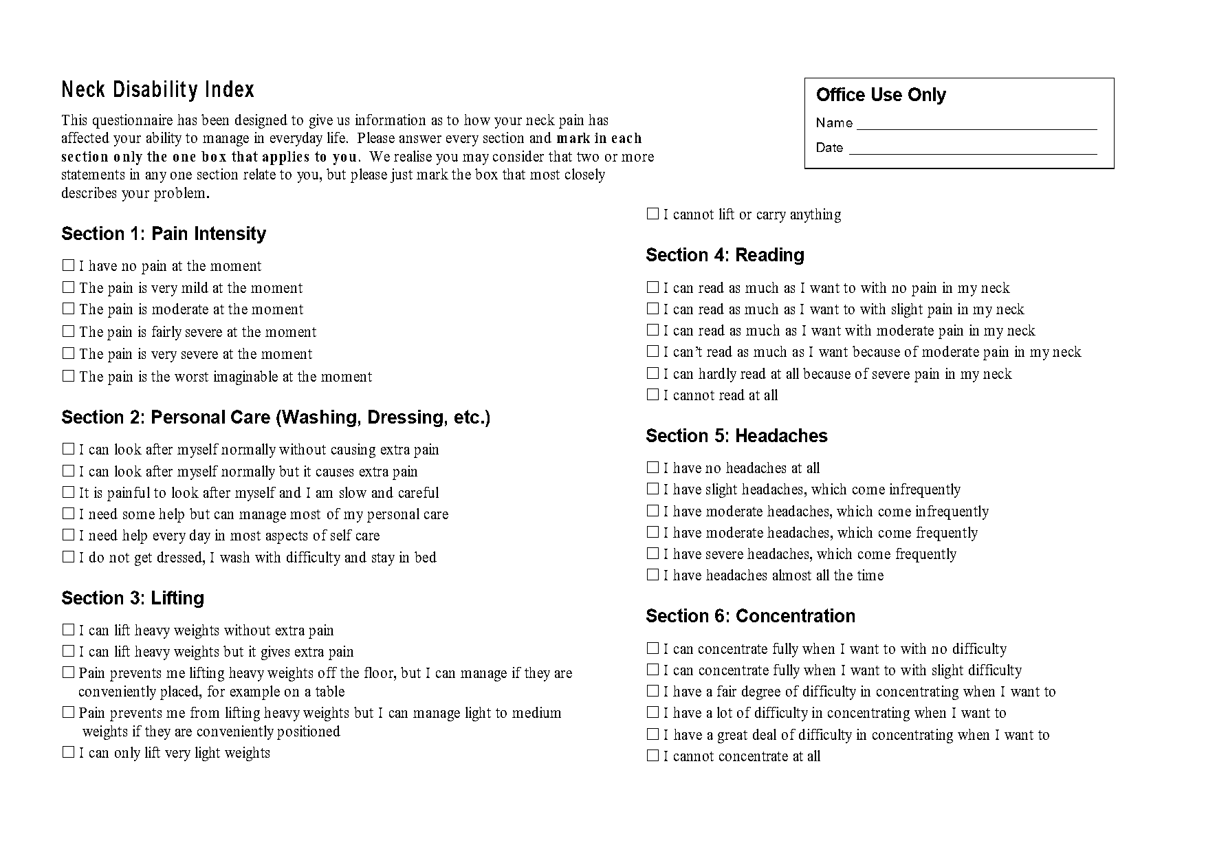 neck pain disability questionnaire scoring