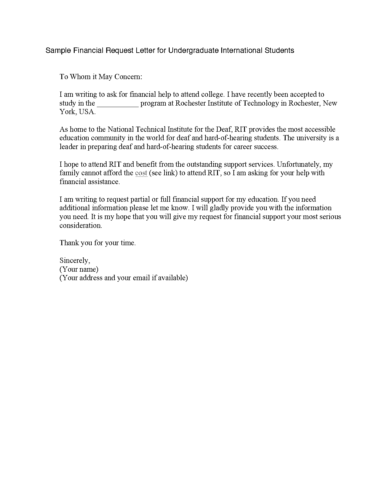 letter to request financial assistance