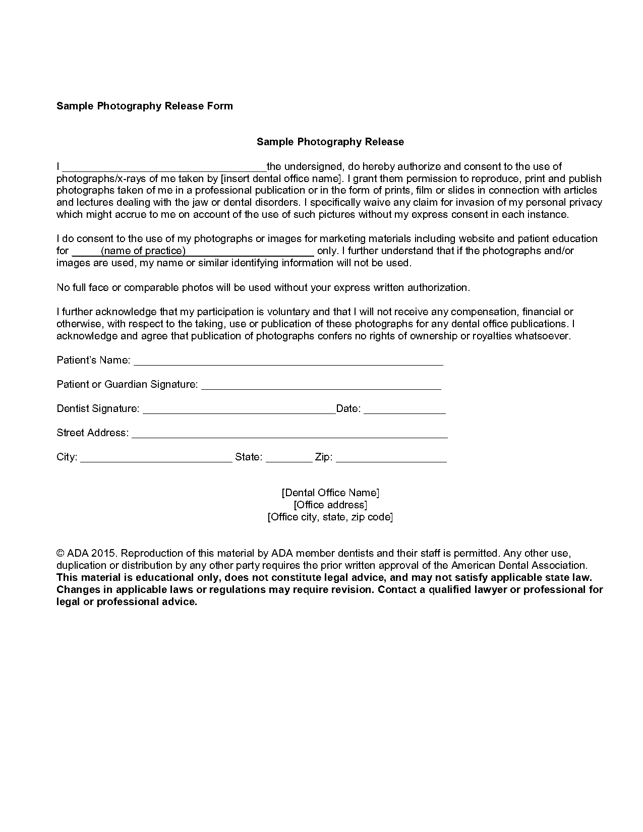 sample photo and video release form