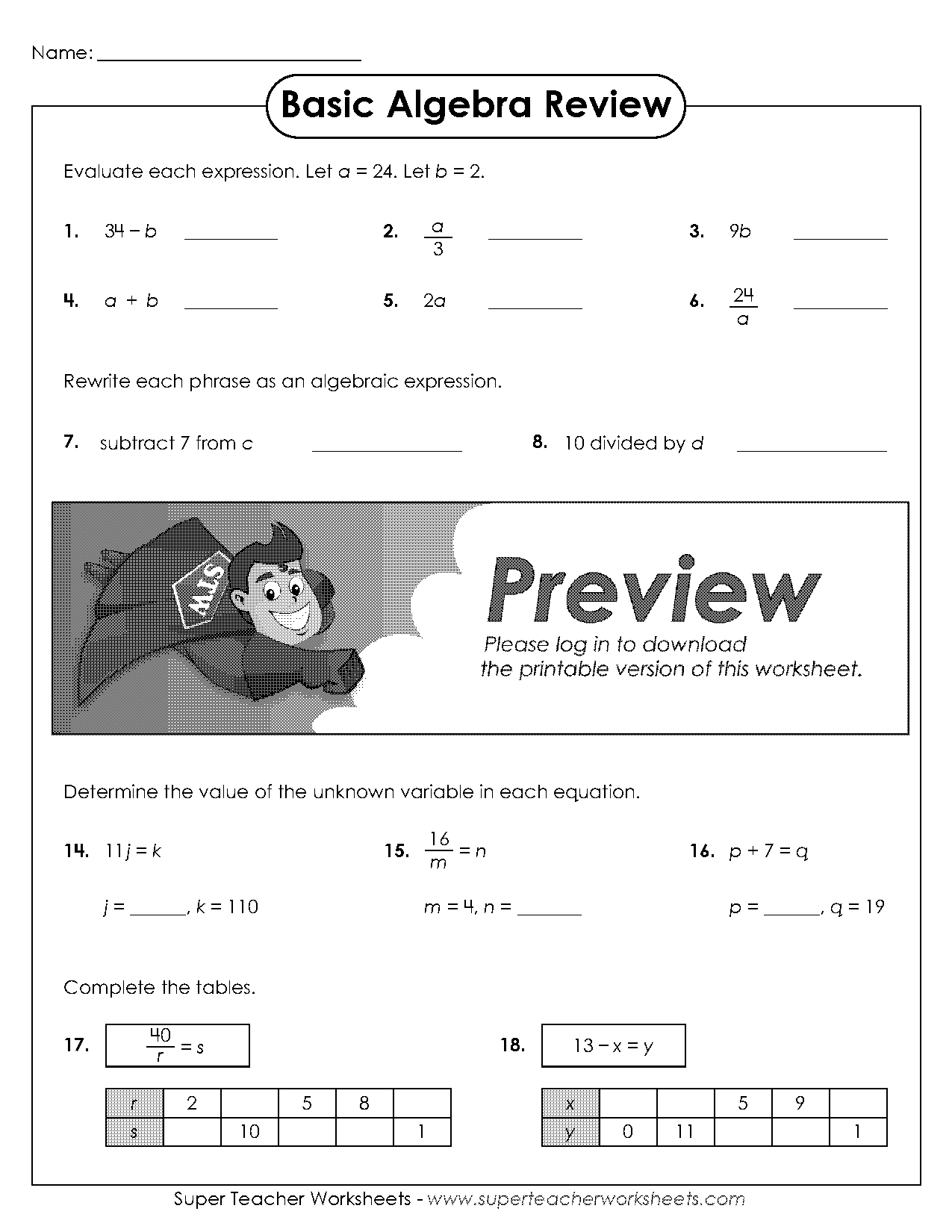 super teacher worksheets basic algebra tables