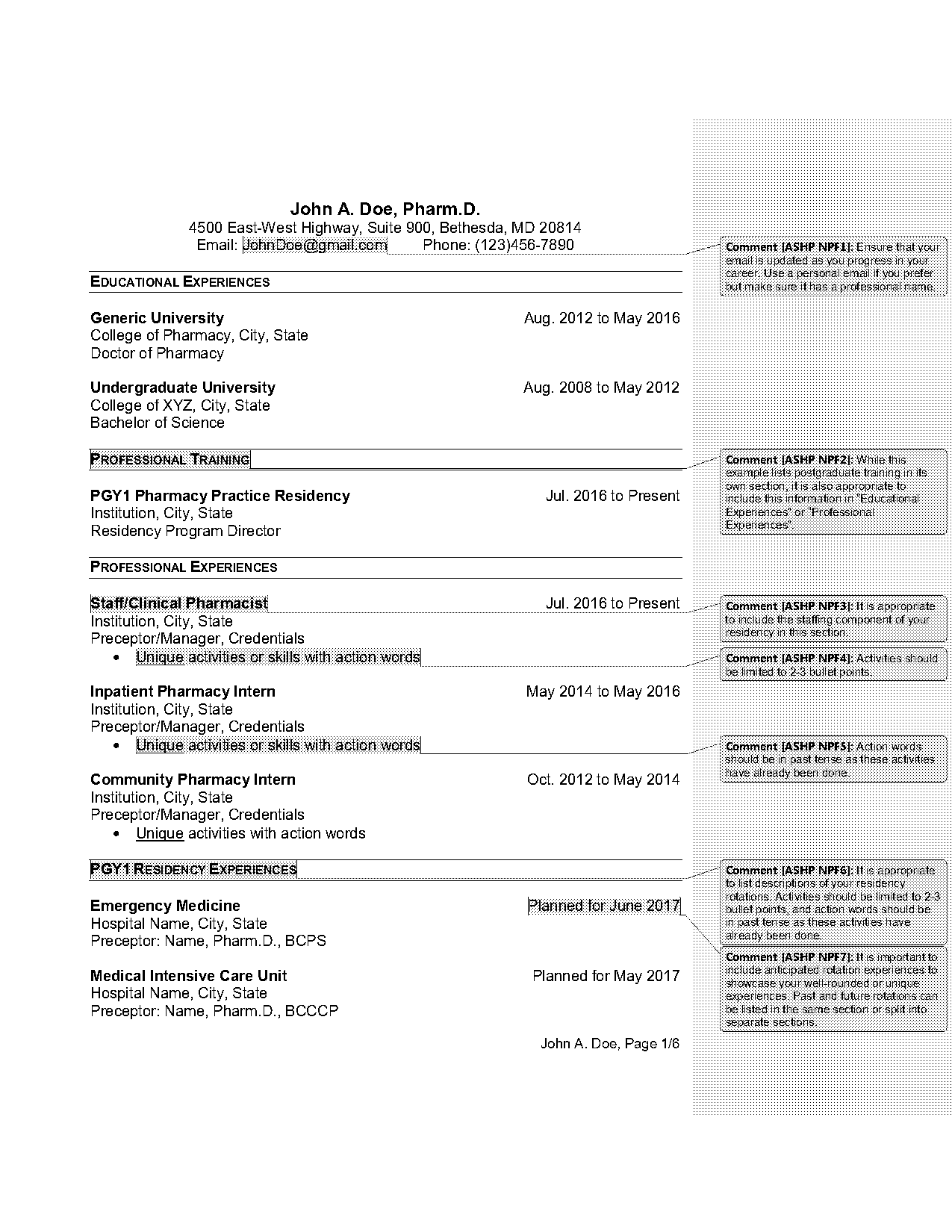 examples of recidency application resumes