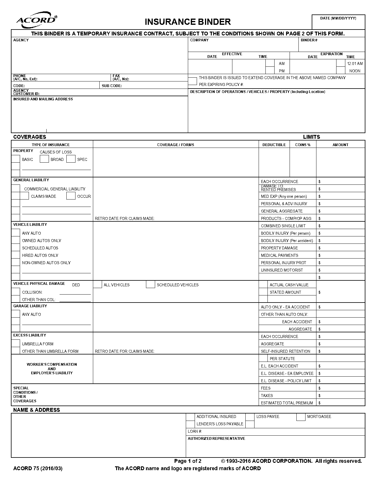 acord form homeowners insurance binder