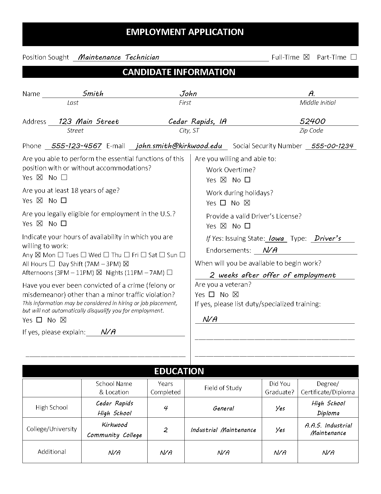 sample job applications printable