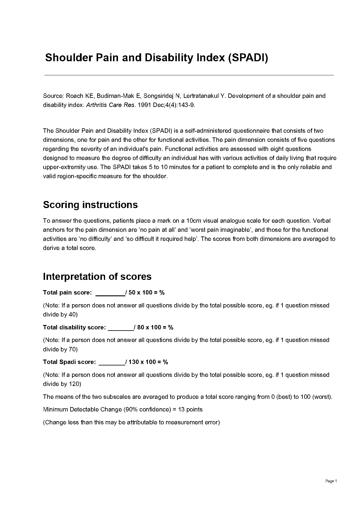 neck pain disability questionnaire scoring