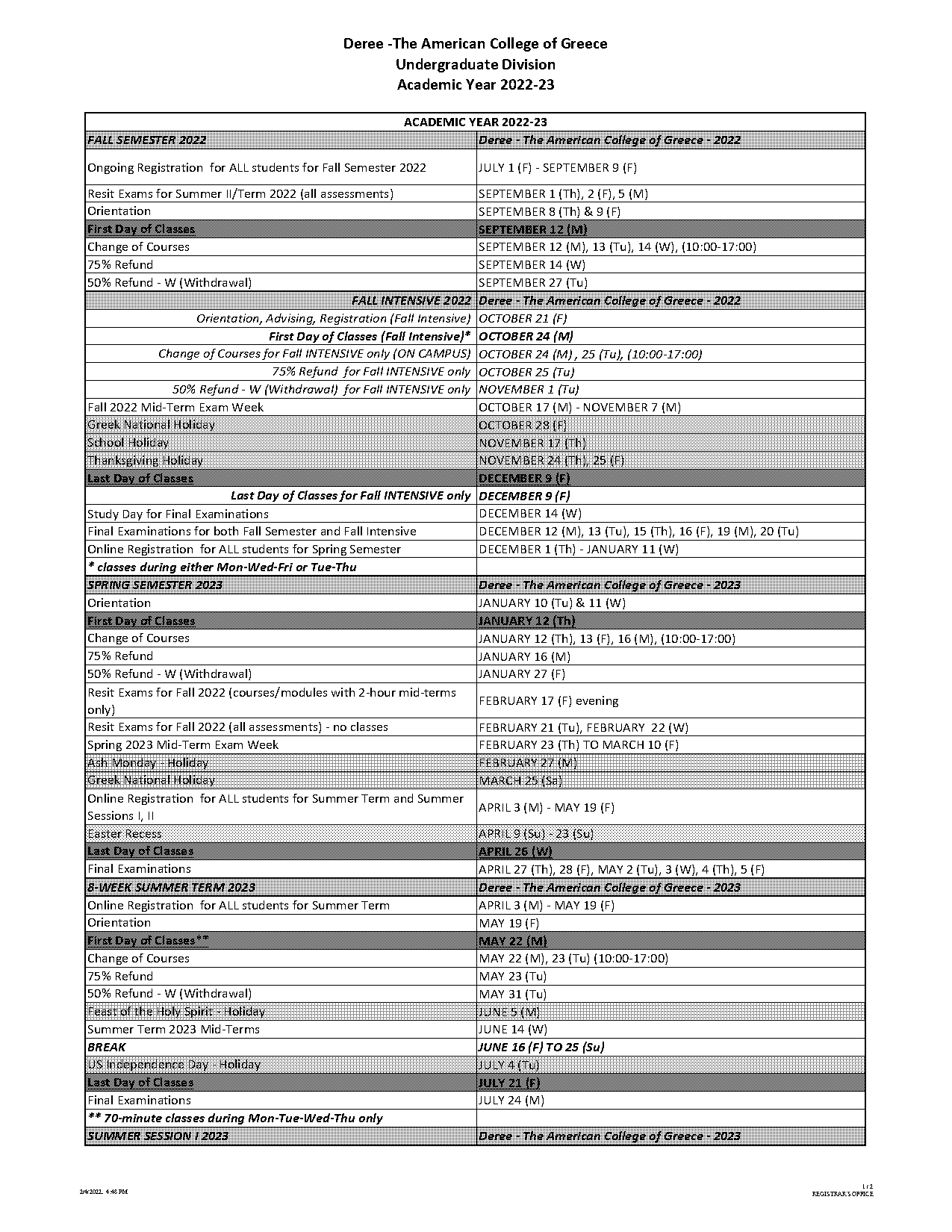 american college of greece course schedule