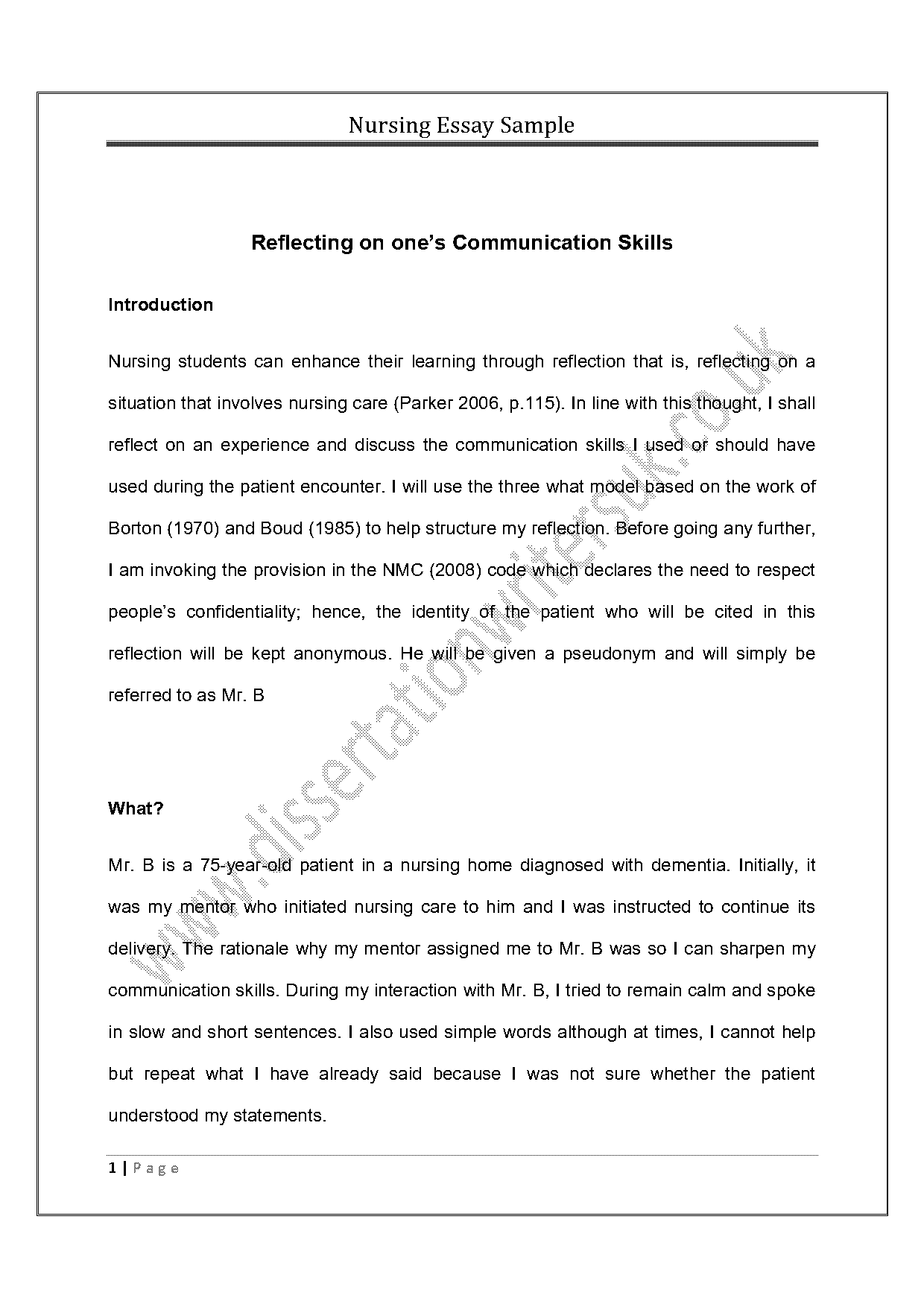 sample essay with driscoll model