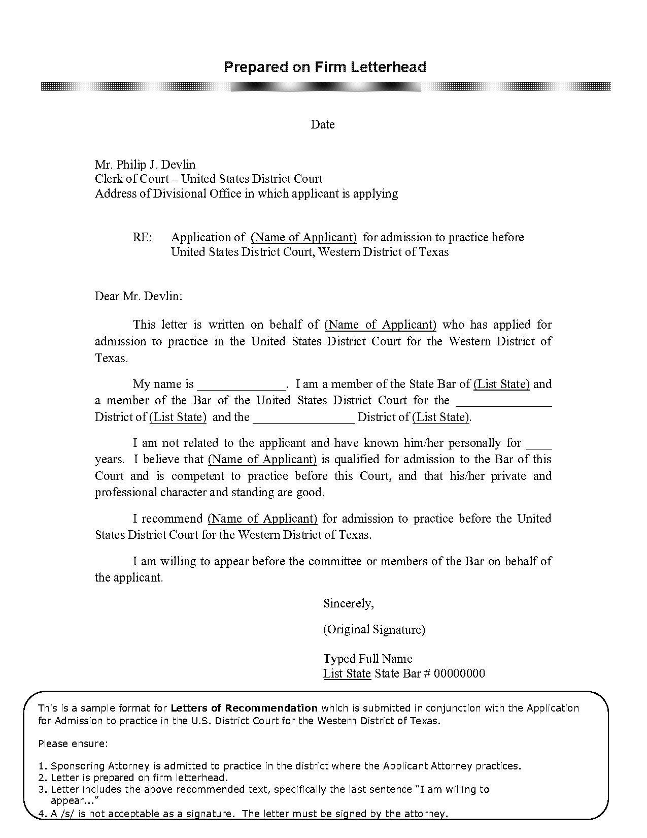 letter of recommendation for admission to bar template