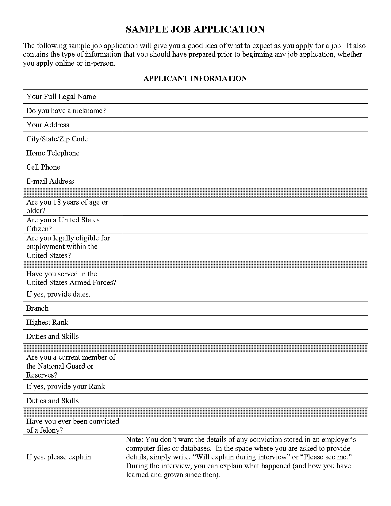 sample job applications printable