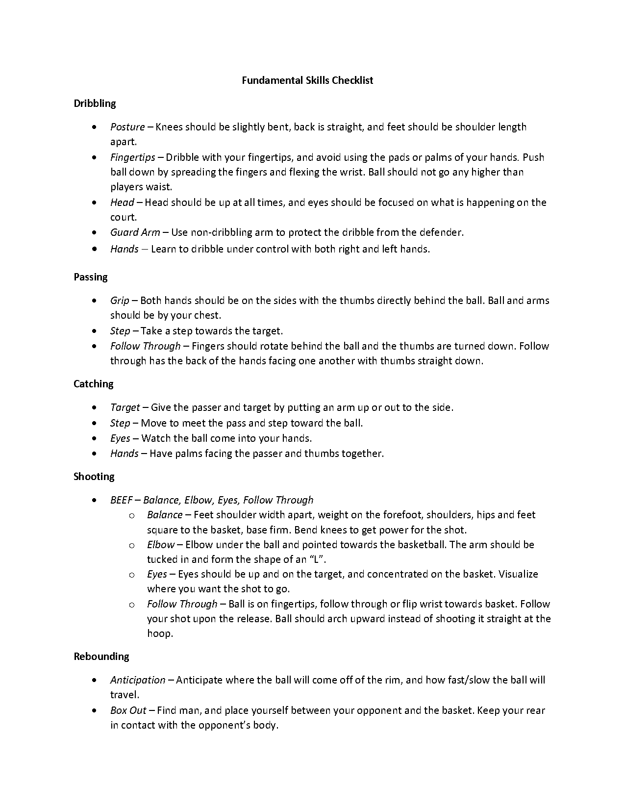 basketball shooting form checklist