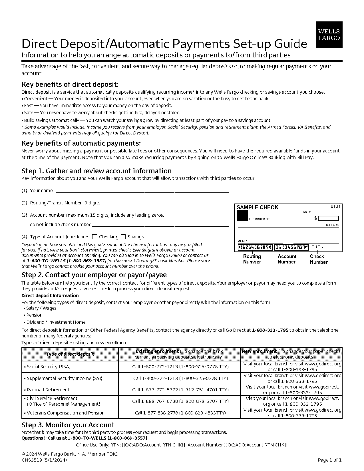 wells fargo check routing number vs direct deposit routing number