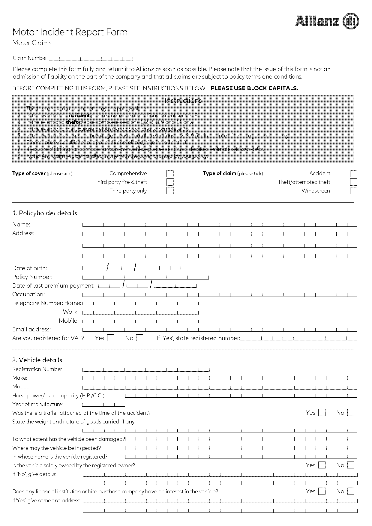 allianz motor vehicle claim form pdf