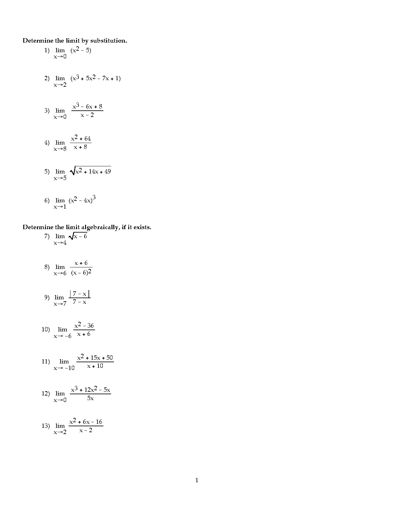 solving limits algebraically caculus worksheet