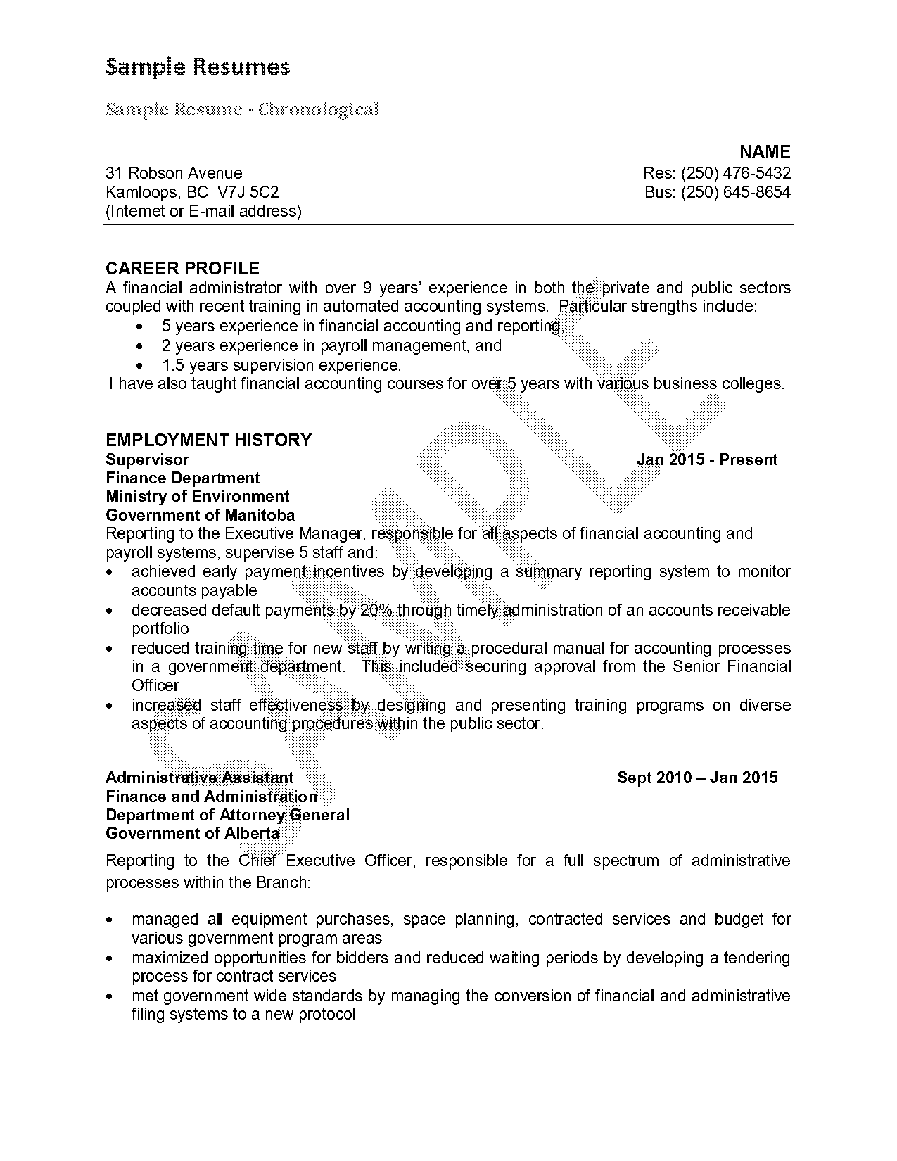 sample resume for canada application