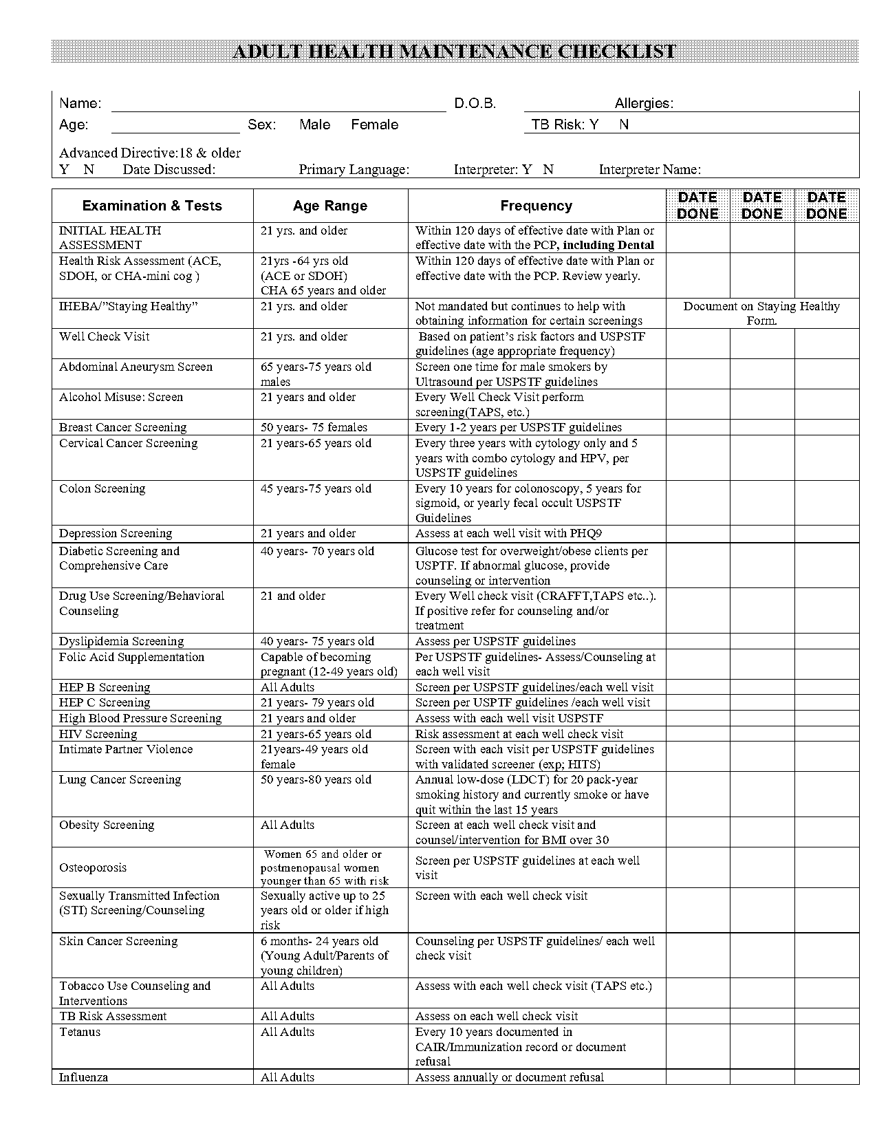 health care maintenance checklist