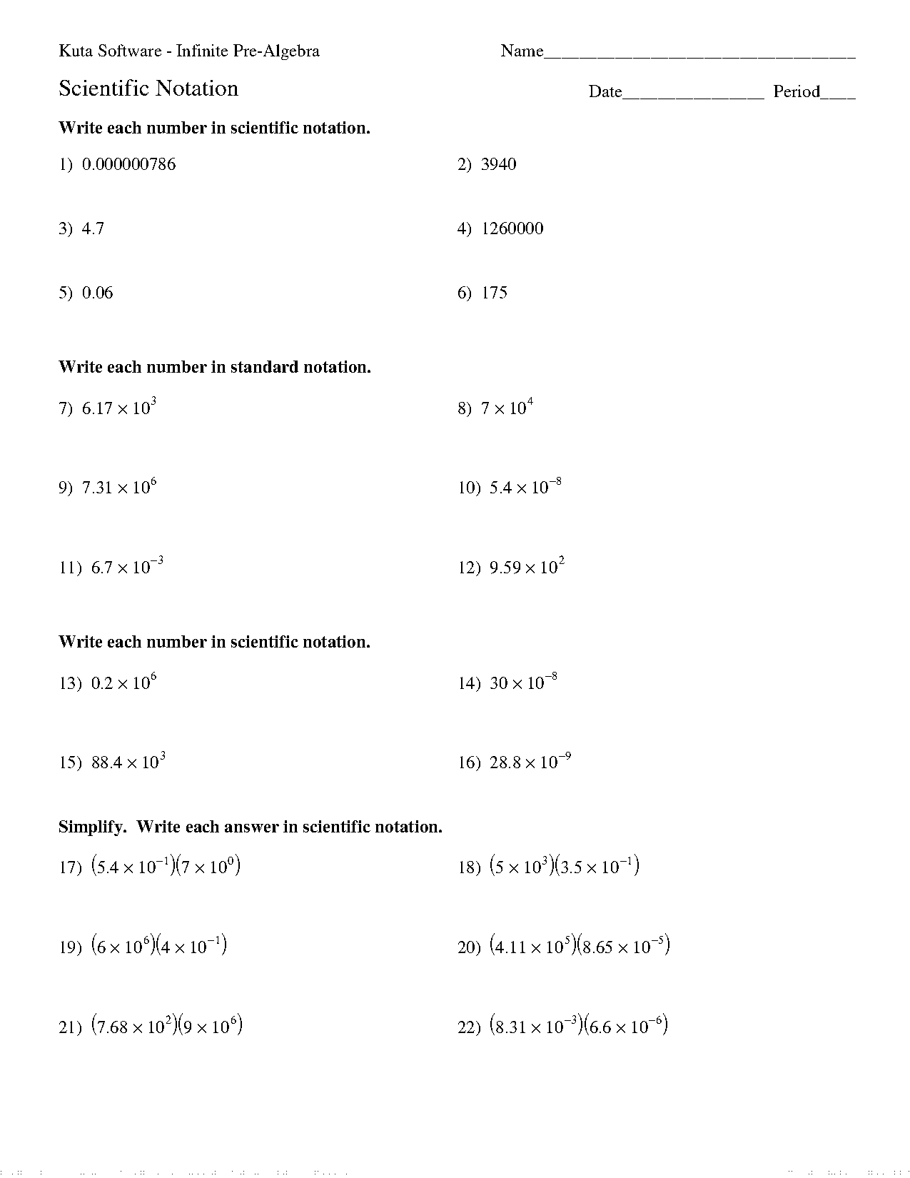 pre algebra scientific notation worksheet