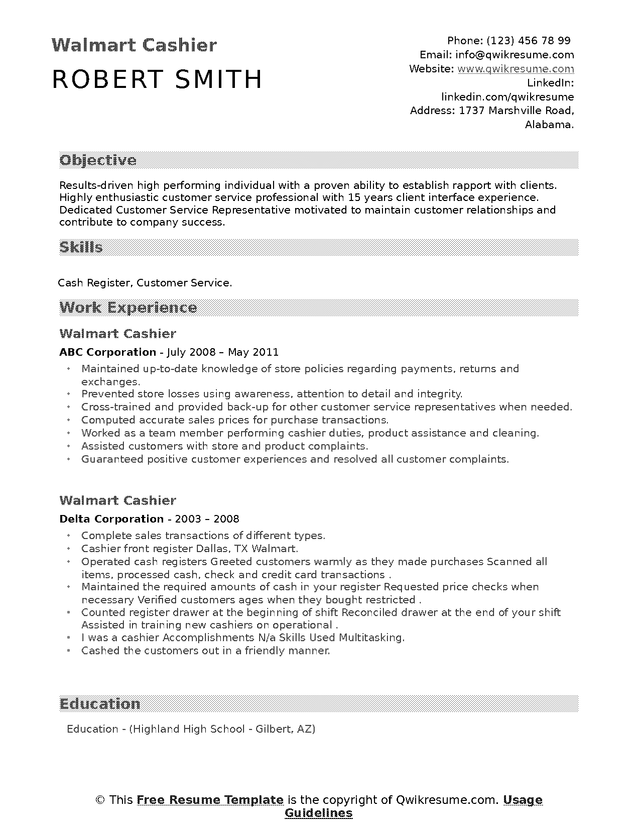 cashier skills in resume