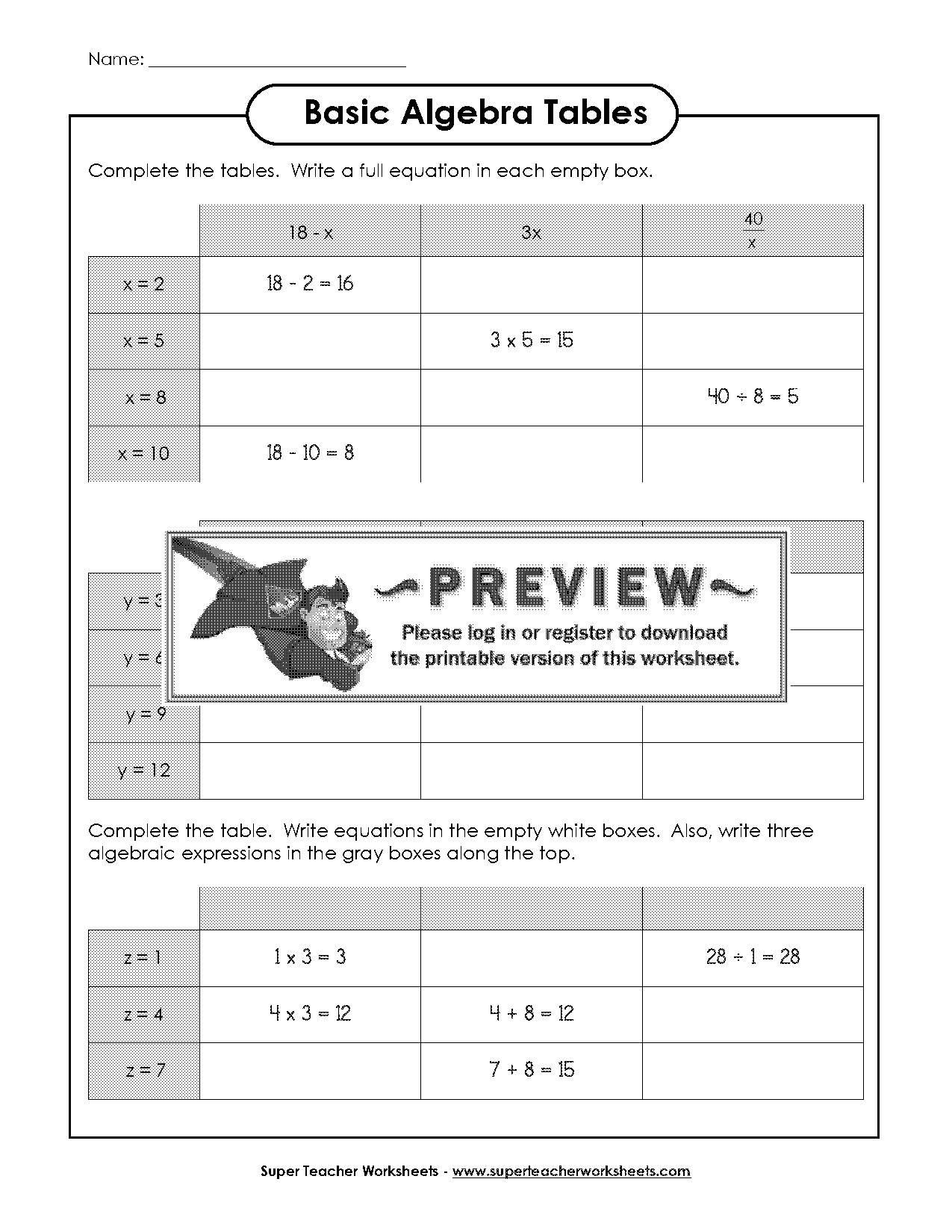 super teacher worksheets basic algebra tables