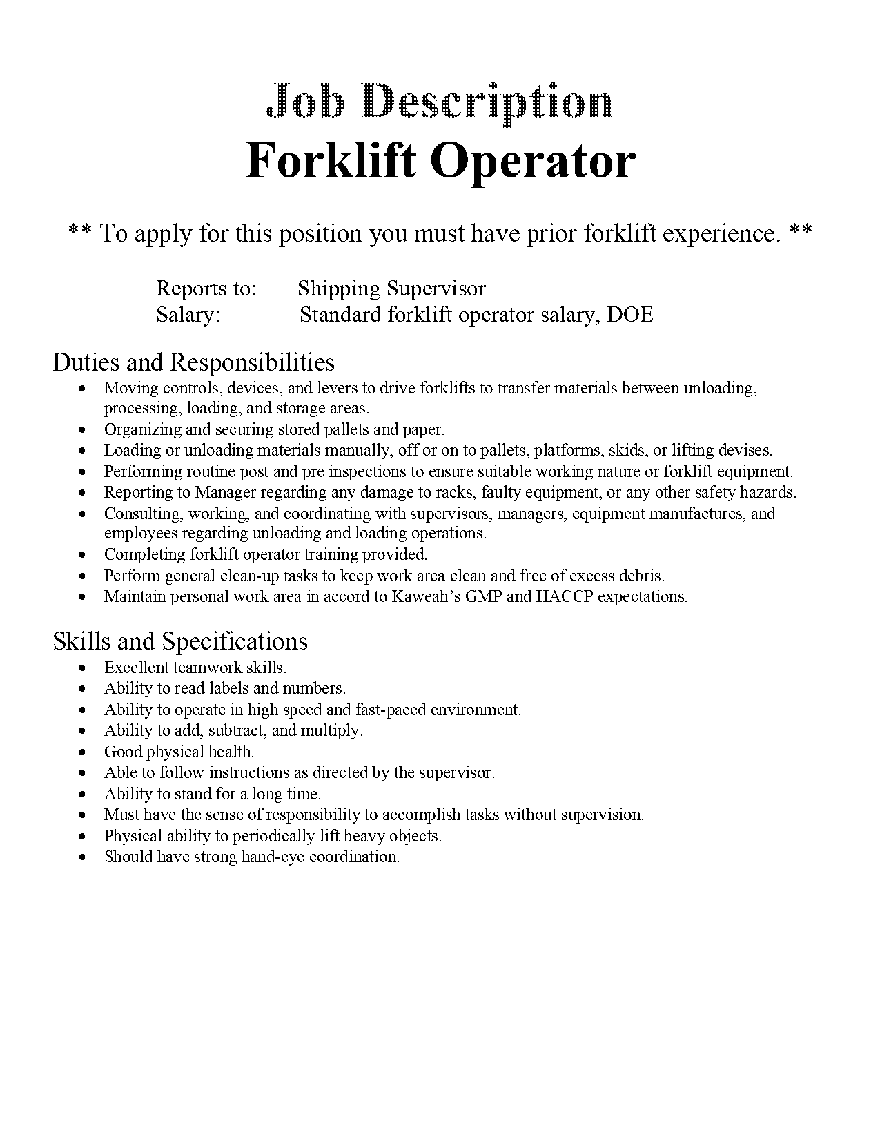 forklift operator objective for resume