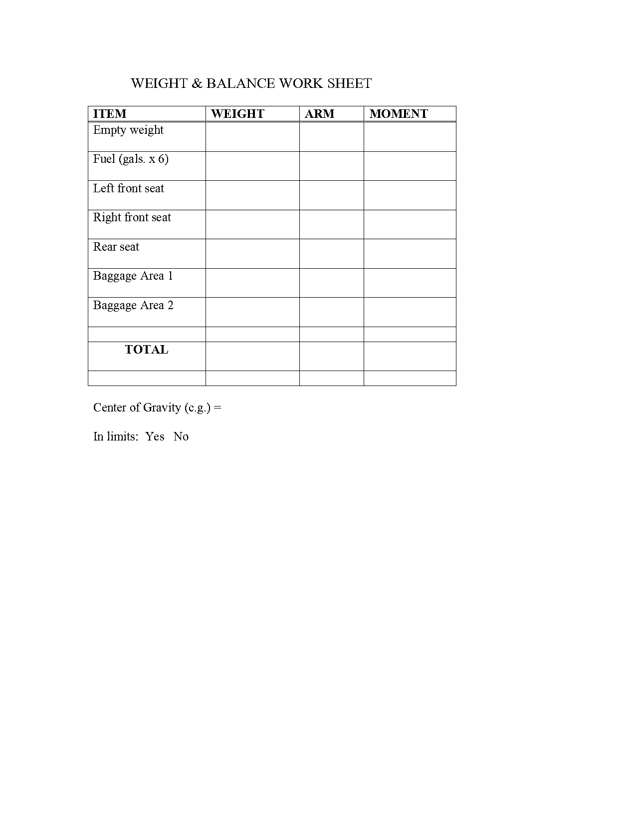weight and balance form