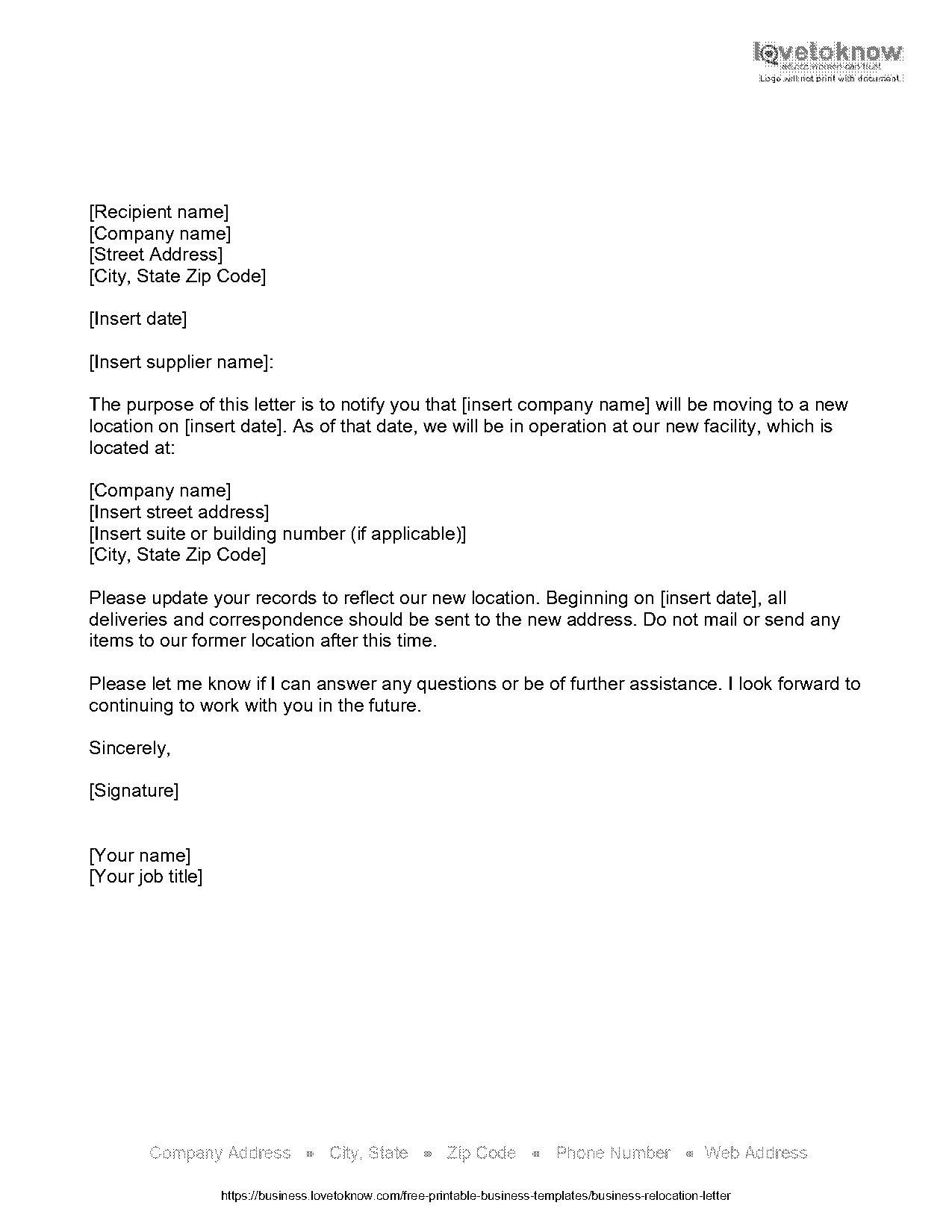 company relocation letter template