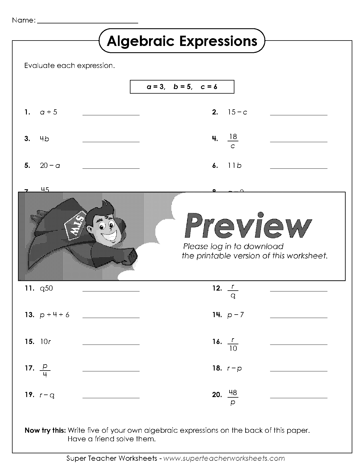 super teacher worksheets basic algebra tables