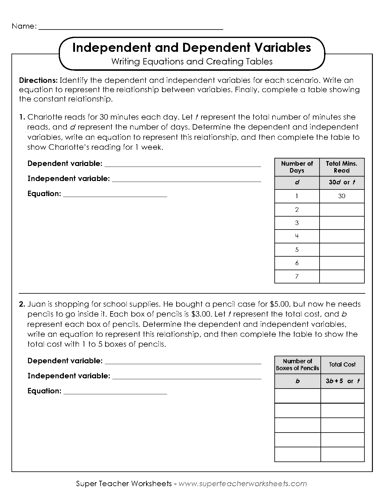 super teacher worksheets basic algebra tables