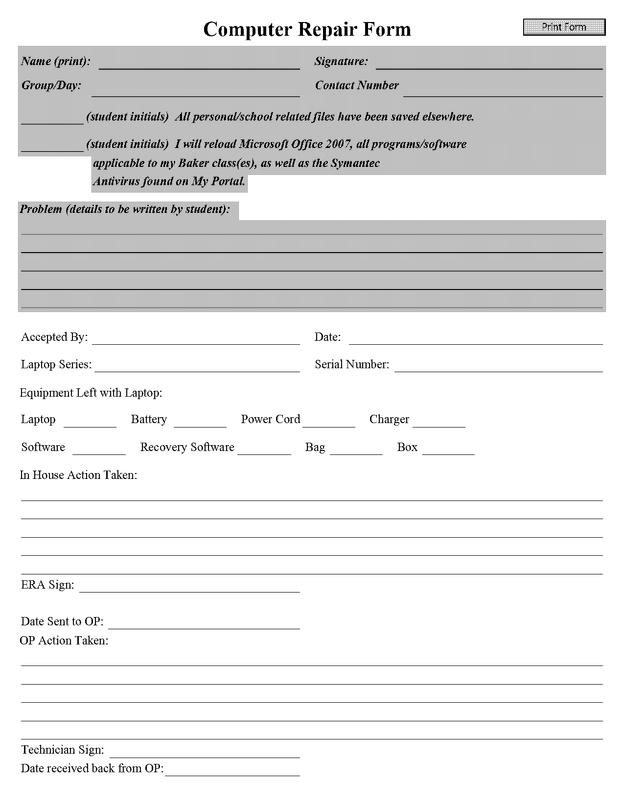 laptop repair report template