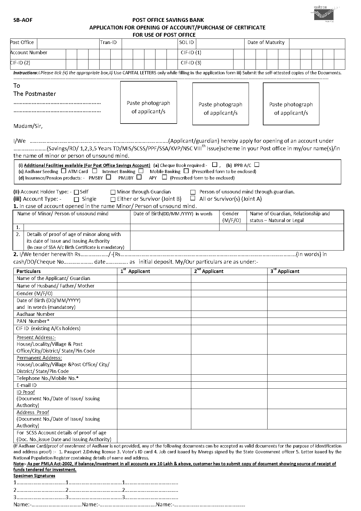 post office savings bank account opening documents required