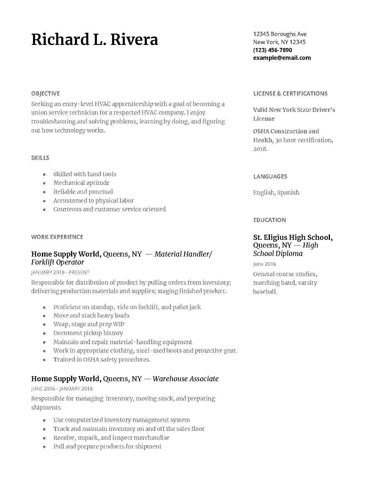 forklift operator objective for resume