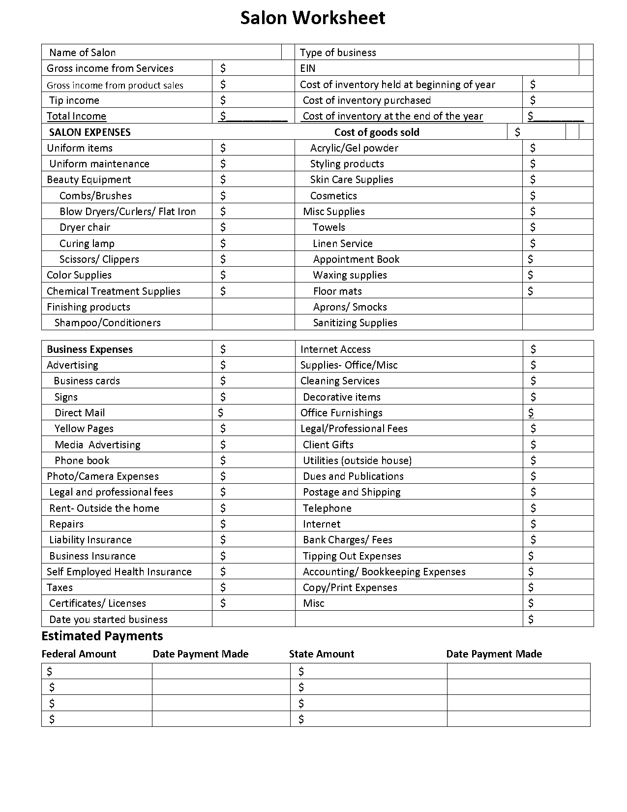 hair salon inventory spreadsheet