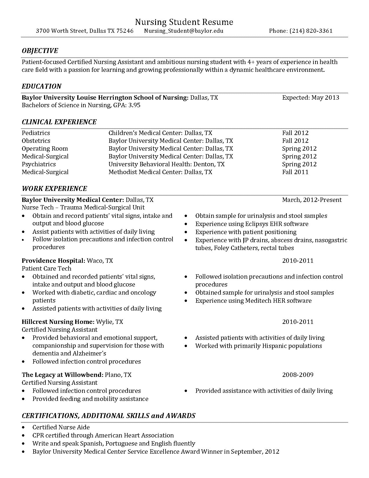 skills to put on nursing student resume