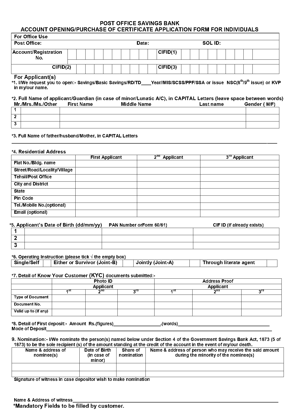 post office savings bank account opening documents required